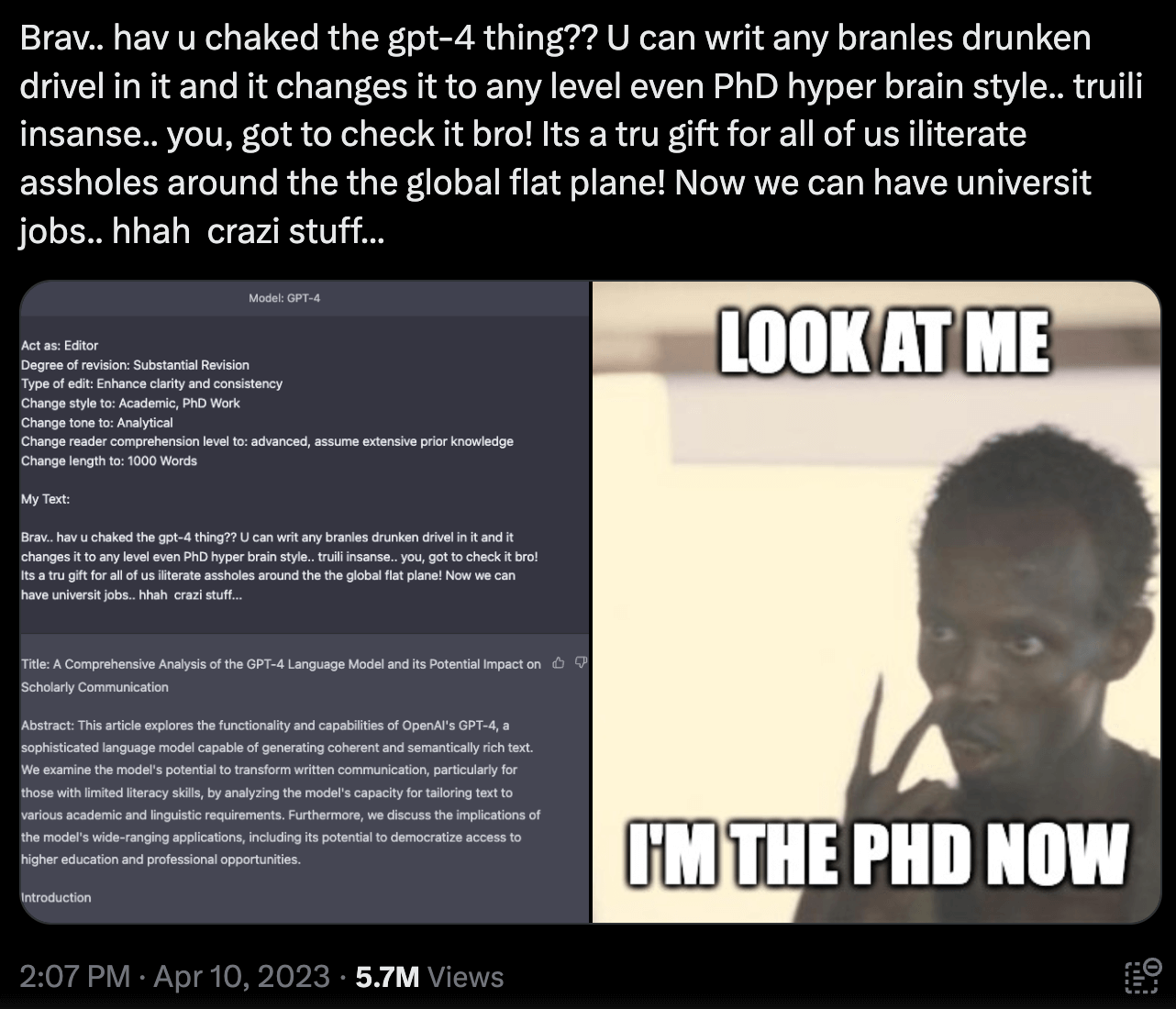 Twitter post about phd level output