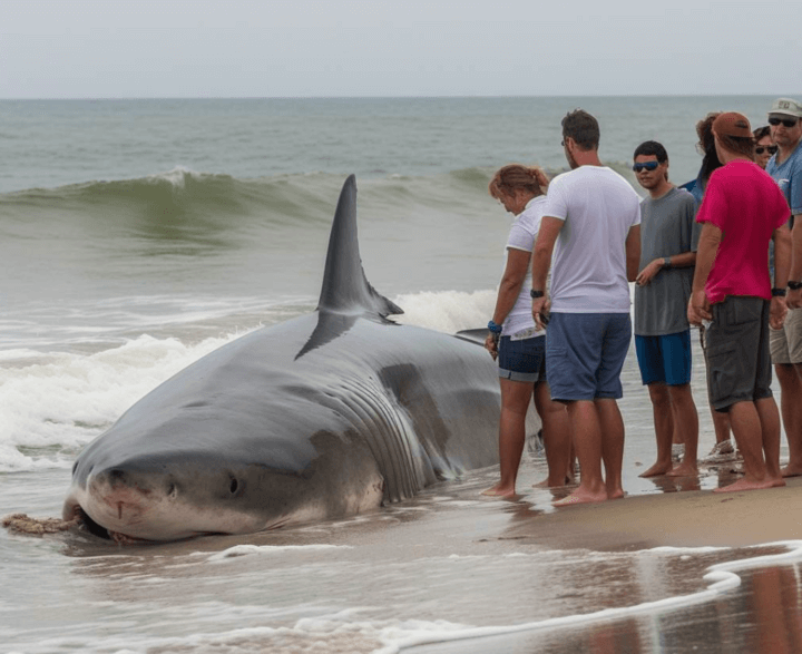 fake shark image on beach