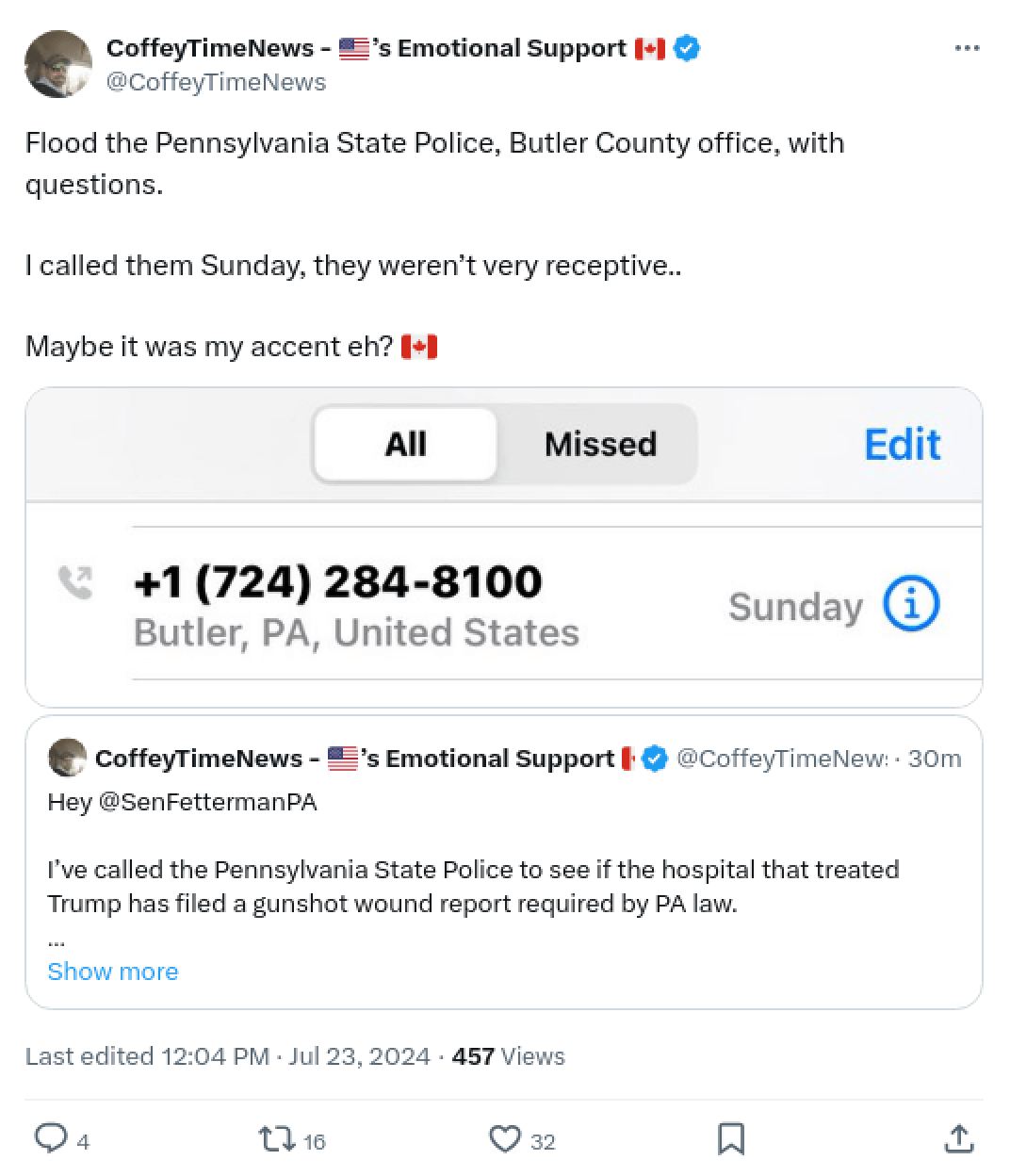 : Example of a user encouraging others to “flood” Pennsylvania State Police and Butler County offices with calls following the Trump rally shooting