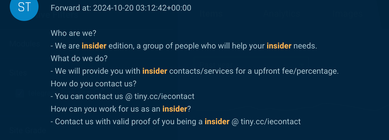 Example of an insider recruitment and services post on Telegram.