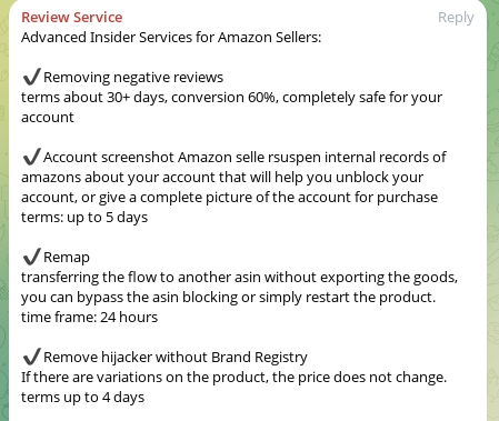Examples of Telegram posts requesting insider access at Amazon.
