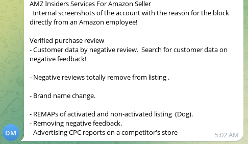 Examples of Telegram posts requesting insider access at Amazon.