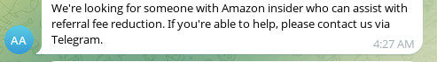 Examples of Telegram posts requesting insider access at Amazon